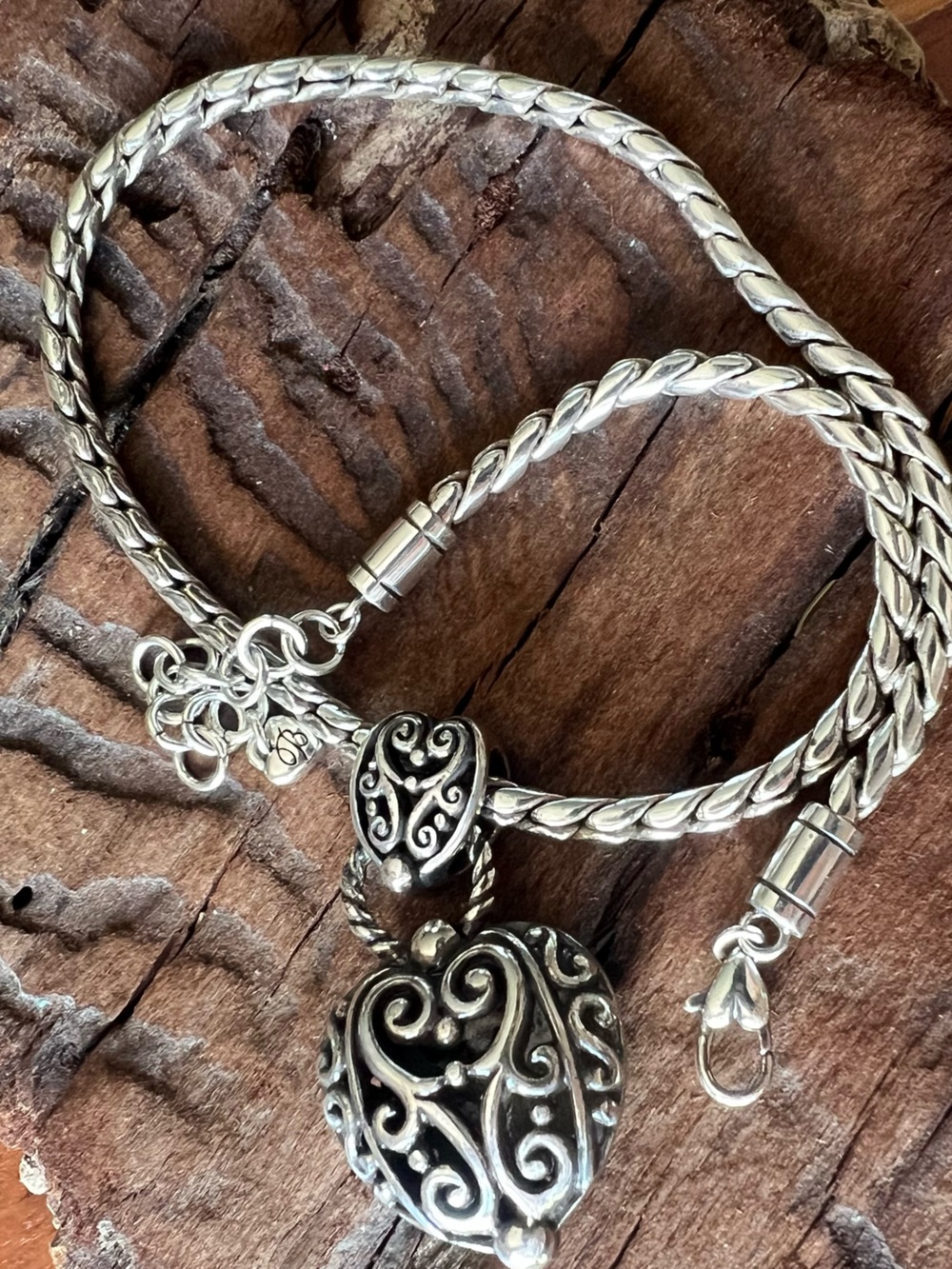 Brighton Heart Necklace Fine Silver Plated Braided Chain Scroll Filigree